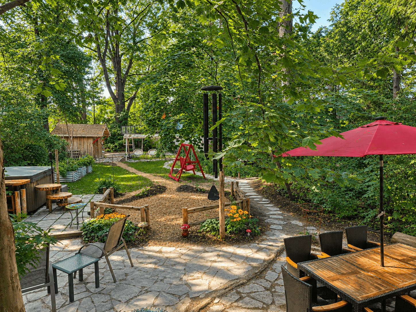 A flagstone patio with a hot tub, swings beside the pond, and gardens of native plants under mature trees