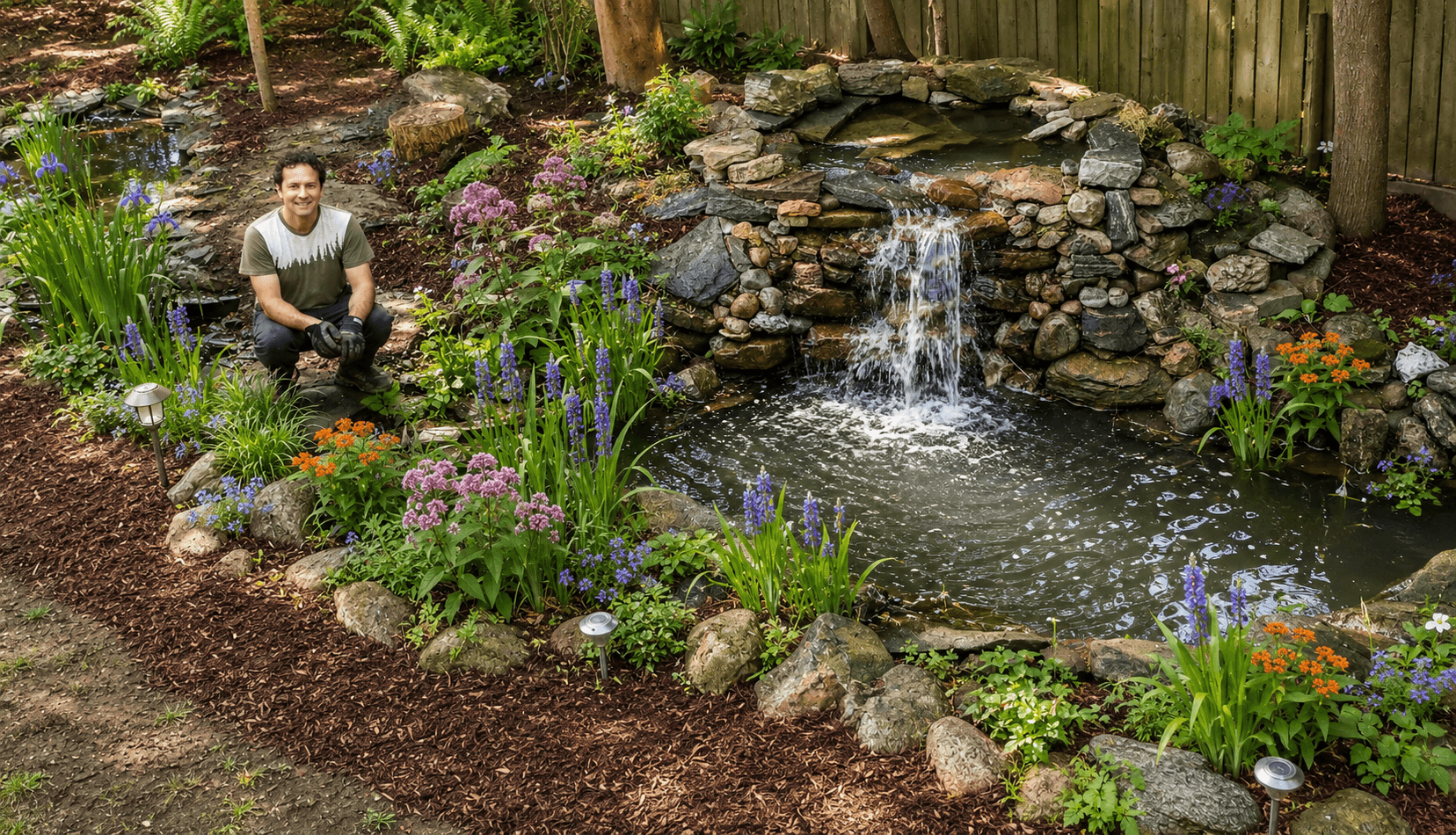 Ben sitting beside his home pond surrounded by native wetland plants in flower