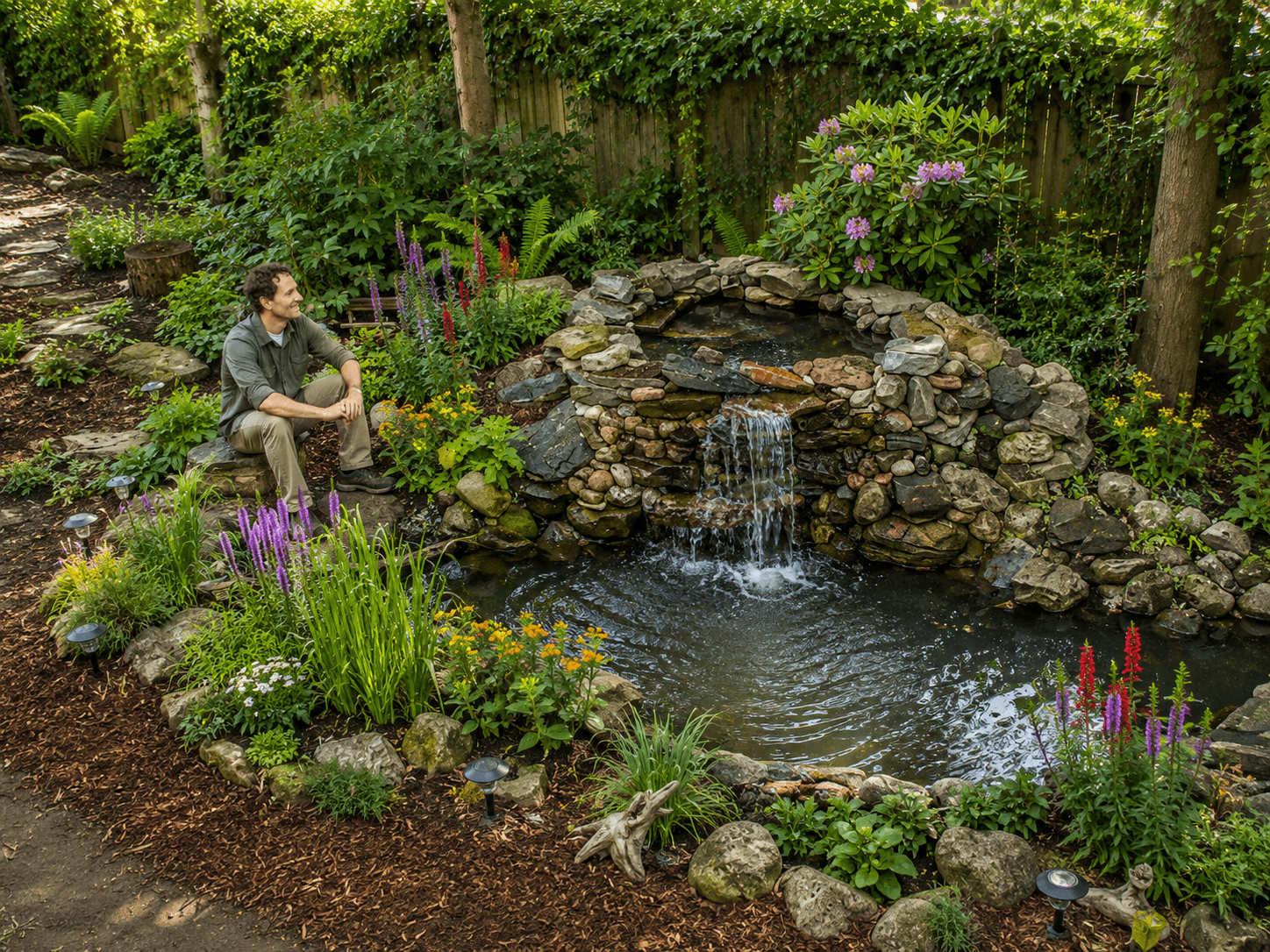 Ben Porchuk beside the pond he built in his own urban backyard