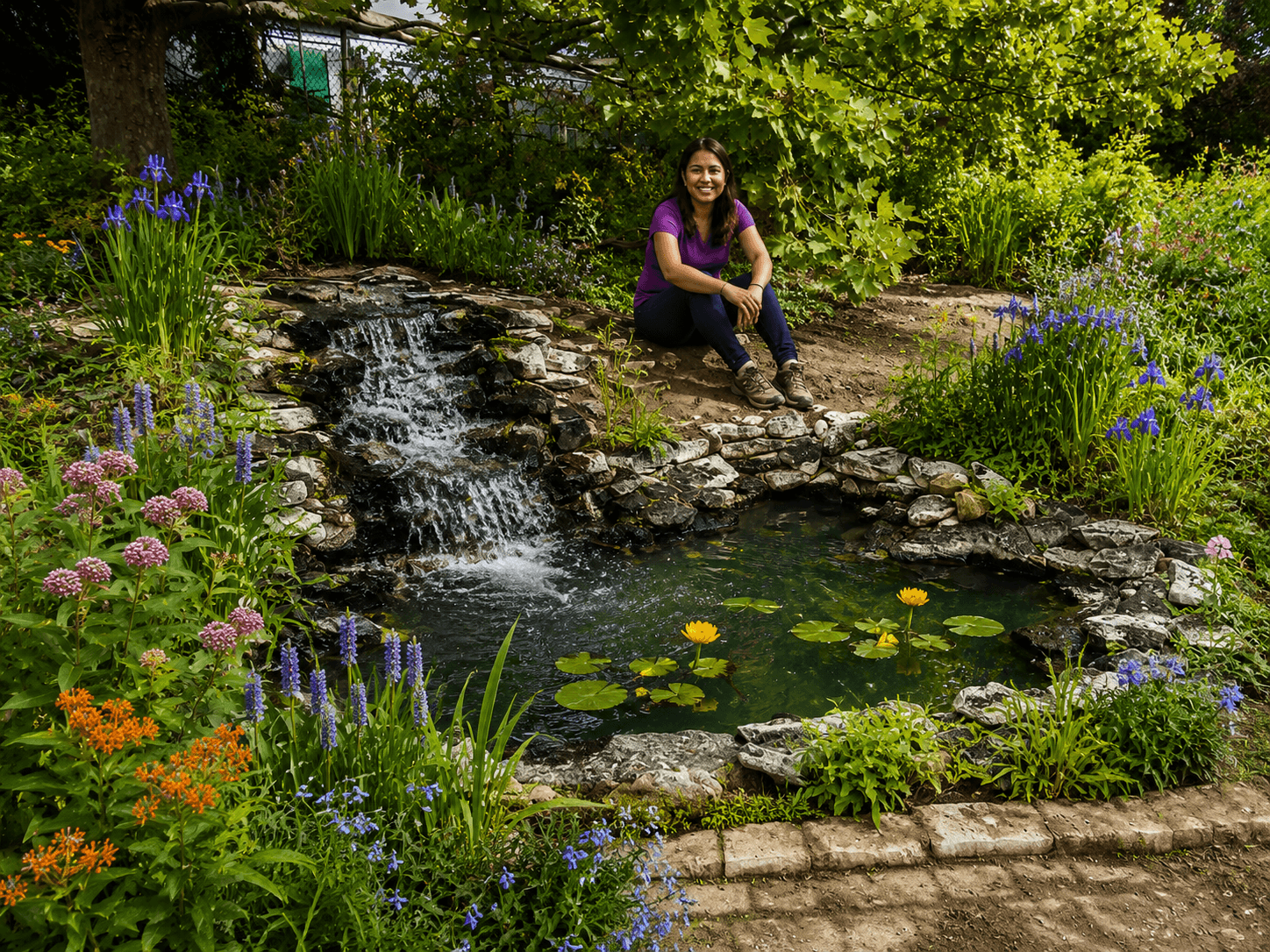 A complete backyard ecosystem with mossy limestone rock set in sand