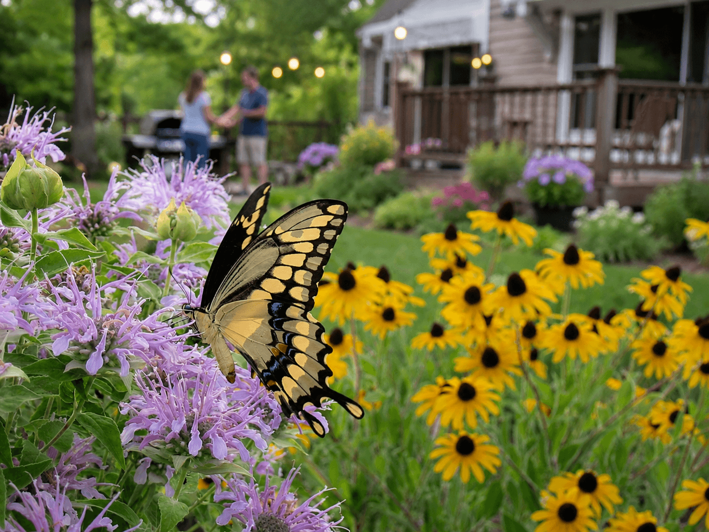 A Giant Swallowtail butterfly feeding on Wild Bergamot in a backyard
