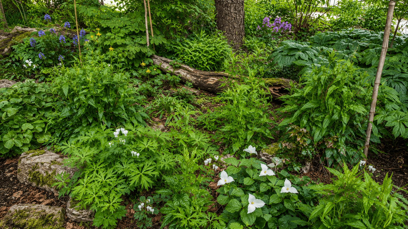 A woodland garden in bloom with Trilliums, Mayapple and Wild Ginger